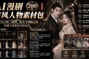 （19693期）AI漫剧古风人物素材包+提示词｜200 套古代言情三视图，配套专属提示词短剧主角配角直接套用