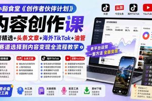 （19922期）小豁食堂《创作者伙伴计划》内容创作课：抖音精选+头条文章+海外TikTok+油管，从赛道选择到内容变现全流程教学