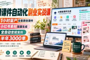 AI课件自动化副业实战课，1小时量产全套原创课件，小红书素材批量生成，全自动变现复刻，半年3000单