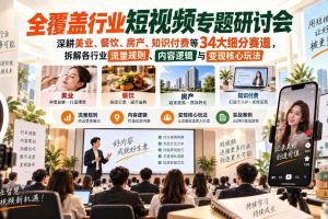 短视频专题研讨会，深耕美业、餐饮、房产、知识付费等34大细分赛道，拆解各行业流量规则、内容逻辑与变现核心玩法