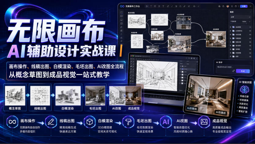 无限画布AI辅助设计实战课|画布操作、线稿出图、白模渲染、毛坯出图、AI改图全流程,从概念草图到成品视觉一站式教学(更新0923)