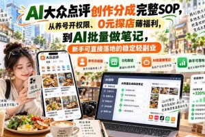 【无水印】AI大众点评创作分成完整SOP,从养号开权限、0元探店薅福利,到AI批量做笔记,新手可直接落地的稳定轻副业