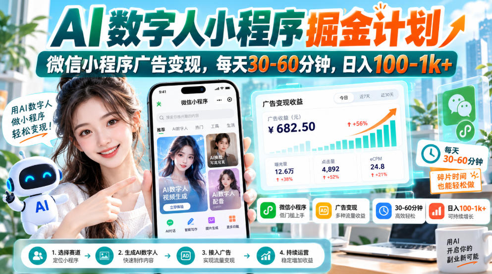 【无水印】AI数字人小程序掘金计划,微信小程序广告变现,每天30‑60分钟,日入100‑1k+