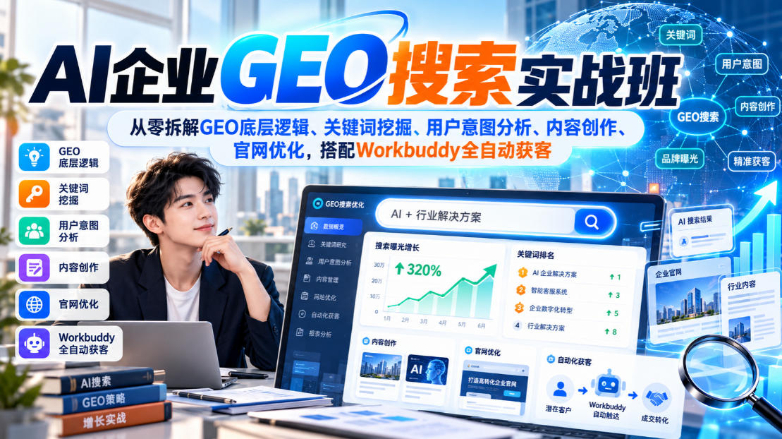 AI企业GEO搜索实战班,从零拆解GEO底层逻辑、关键词挖掘、用户意图分析、内容创作、官网优化,搭配Workbuddy全自动获客