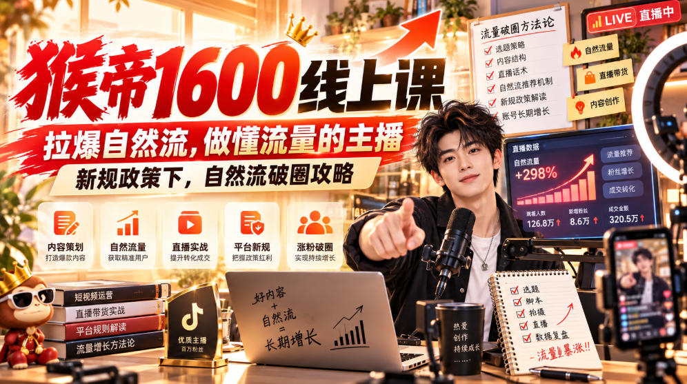猴帝1600线上课，拉爆自然流，做懂流量的主播，新规政策下，自然流破圈攻略【更新260926】