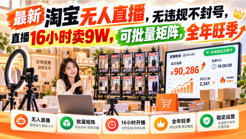 最新淘宝无人直播,无违规不封号,直播16小时卖9W,可批量矩阵,全年旺季【揭秘】