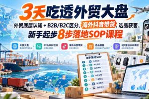 3天吃透外贸大盘，外贸底层认知+B2B/B2C区分、海外抖音带货、选品获客，新手起步8步落地SOP课程