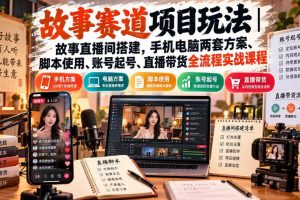 故事赛道项目玩法｜故事直播间搭建，手机电脑两套方案、脚本使用、账号起号、直播带货全流程实战课程