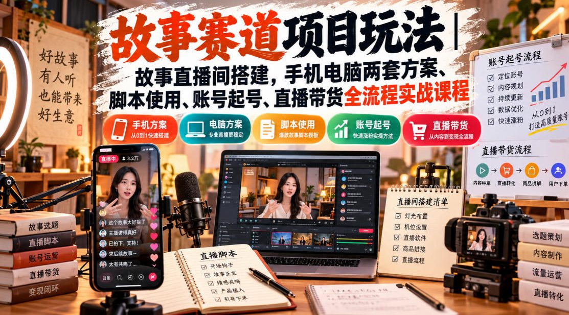 故事赛道项目玩法|故事直播间搭建,手机电脑两套方案、脚本使用、账号起号、直播带货全流程实战课程