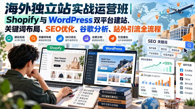 海外独立站实战运营班|Shopify与WordPress双平台建站、关键词布局、SEO优化、谷歌分析、站外引流全流程
