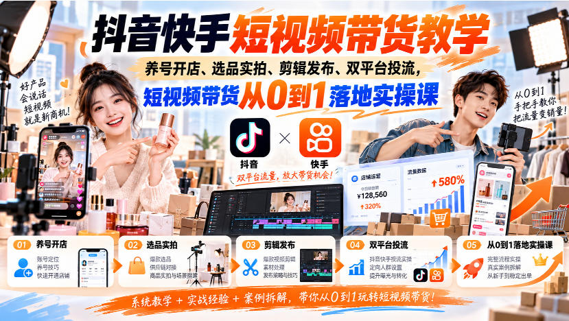 抖音快手短视频带货教学|养号开店、选品实拍、剪辑发布、双平台投流,短视频带货从0到1落地实操课