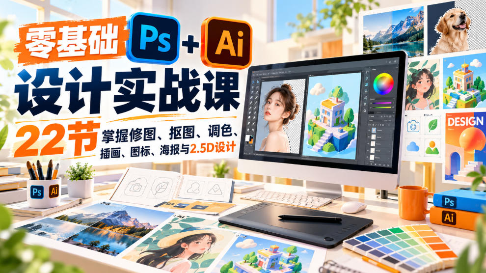 【无水印】零基础PS+AI设计实战课|22节掌握修图、抠图、调色、插画、图标、海报与2.5D设计