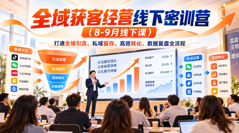 全域获客经营线下密训营(8-9月线下课),打通全域引流、私域留存、高效转化、数据复盘全流程