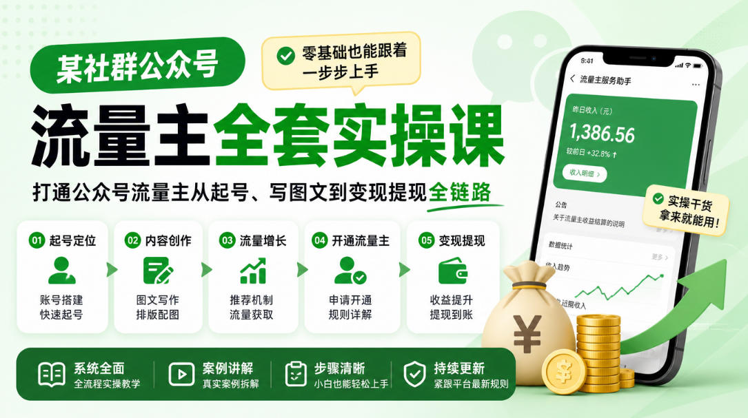 某社群公众号流量主全套实操课,零基础也能跟着一步步上手,打通公众号流量主从起号、写图文到变现提现全链路