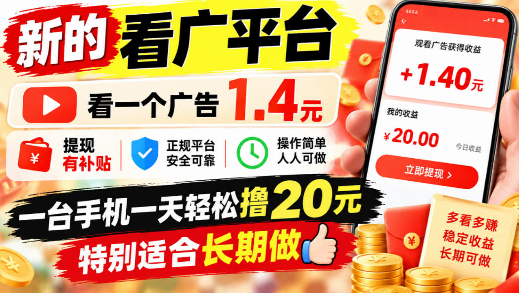 一个新的看广平台，看一个广告1.4元，提现有补贴,一台手机一天轻松撸20+，特别适合长期做【揭秘】