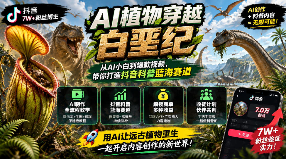 抖音7W粉丝博主的AI植物穿越白垩纪教学，抖音科普蓝海赛道，解锁商单收徒伙伴计划等多种收益