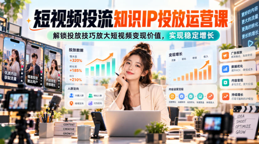 短视频投流知识IP投放运营课,解锁投放技巧放大短视频变现价值,实现稳定增长