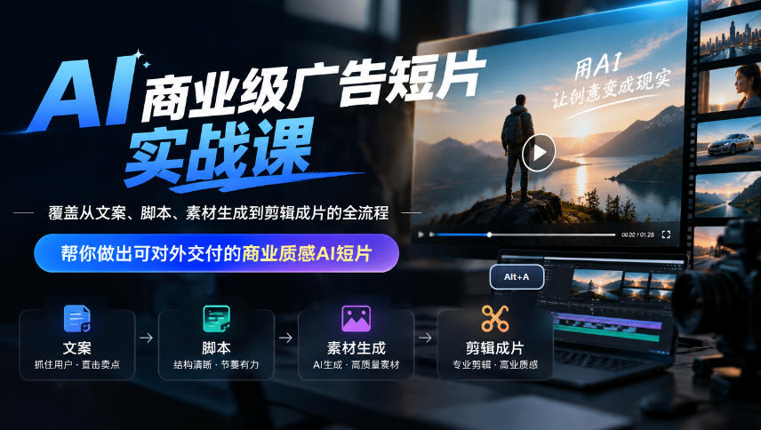 AI商业级广告短片实战课，覆盖从文案、脚本、素材生成到剪辑成片的全流程，帮你做出可对外交付的商业质感AI短片