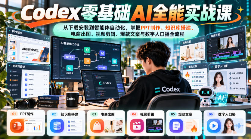 Codex零基础AI全能实战课：从下载安装到智能体自动化，掌握知识库搭建、电商出图、视频剪辑、爆款文案与数字人口播全流程