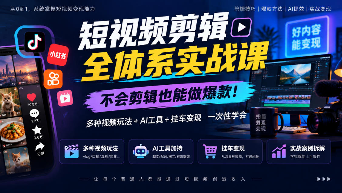 短视频剪辑全体系实战课,不会剪辑也能做爆款,多种视频玩法+AI工具+挂车变现一次性学