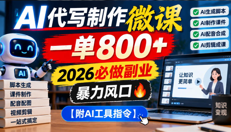 AI代写制作微课，一单800+，2026必做副业，暴力风口【附AI工具指令】【揭秘】