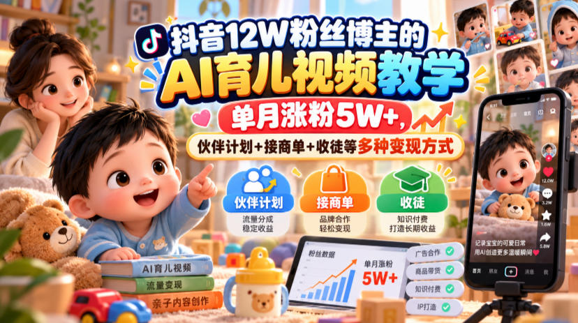 抖音12W粉丝博主的AI育儿视频教学，单月涨粉5W+，伙伴计划+接商单+收徒等多种变现方式